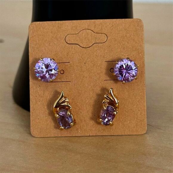 Gold Plated Lavender Zirconia Stud Earrings Anniversary Elegant Gift Set of 2 - Picture 1 of 7